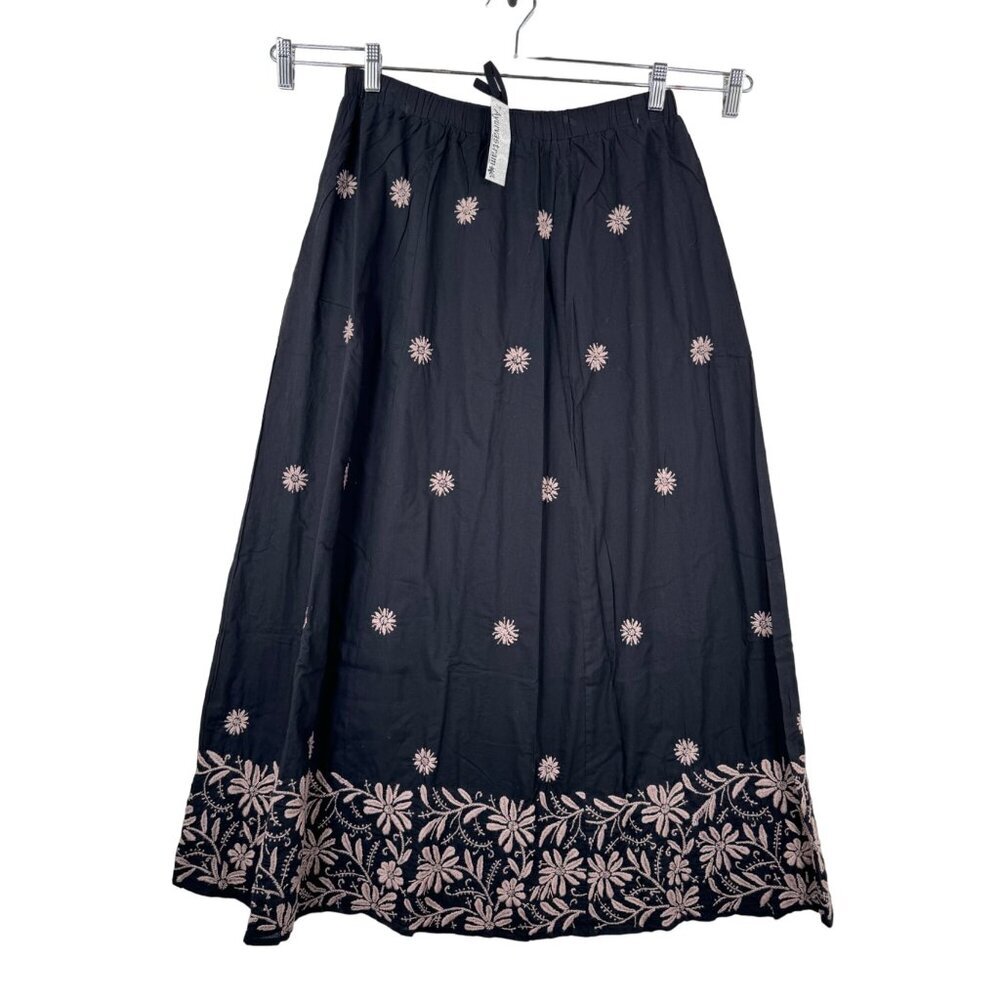 Ayurvastram hand floral embroidered maxi skirt boho black pink sz L